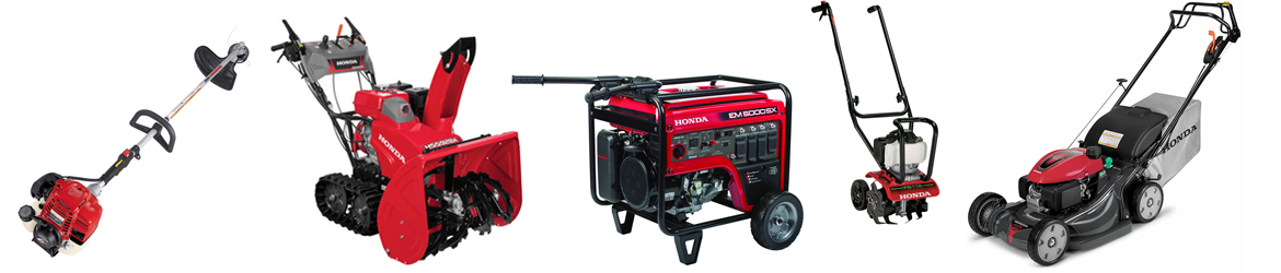 various Honda products: a trimmer, snowblower, generator, tiller, and mower