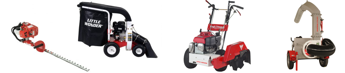 a row of Little Wonder machines: hedge trimmer, vacuum, Bed Shaper, and truck loader