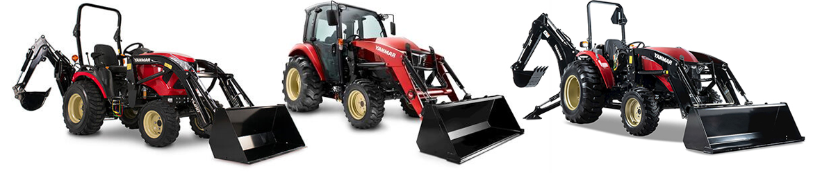 studio photos of red tractors, Yanmar with front-mounted loaders.